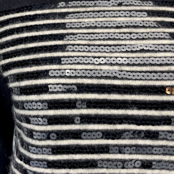 LORD & TAYLOR 100% CASHMERE Stripes Sequinsβ Crew Neck Black Sweater sz Small - Picture 2 of 4